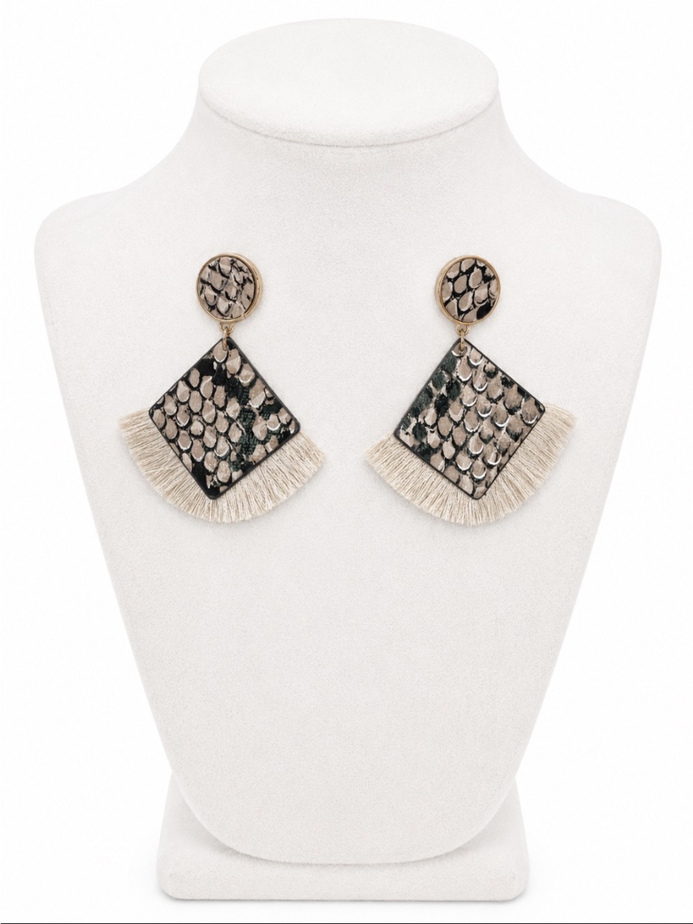 Boho Snakeskin Print Geometric Fringe Statement Earrings